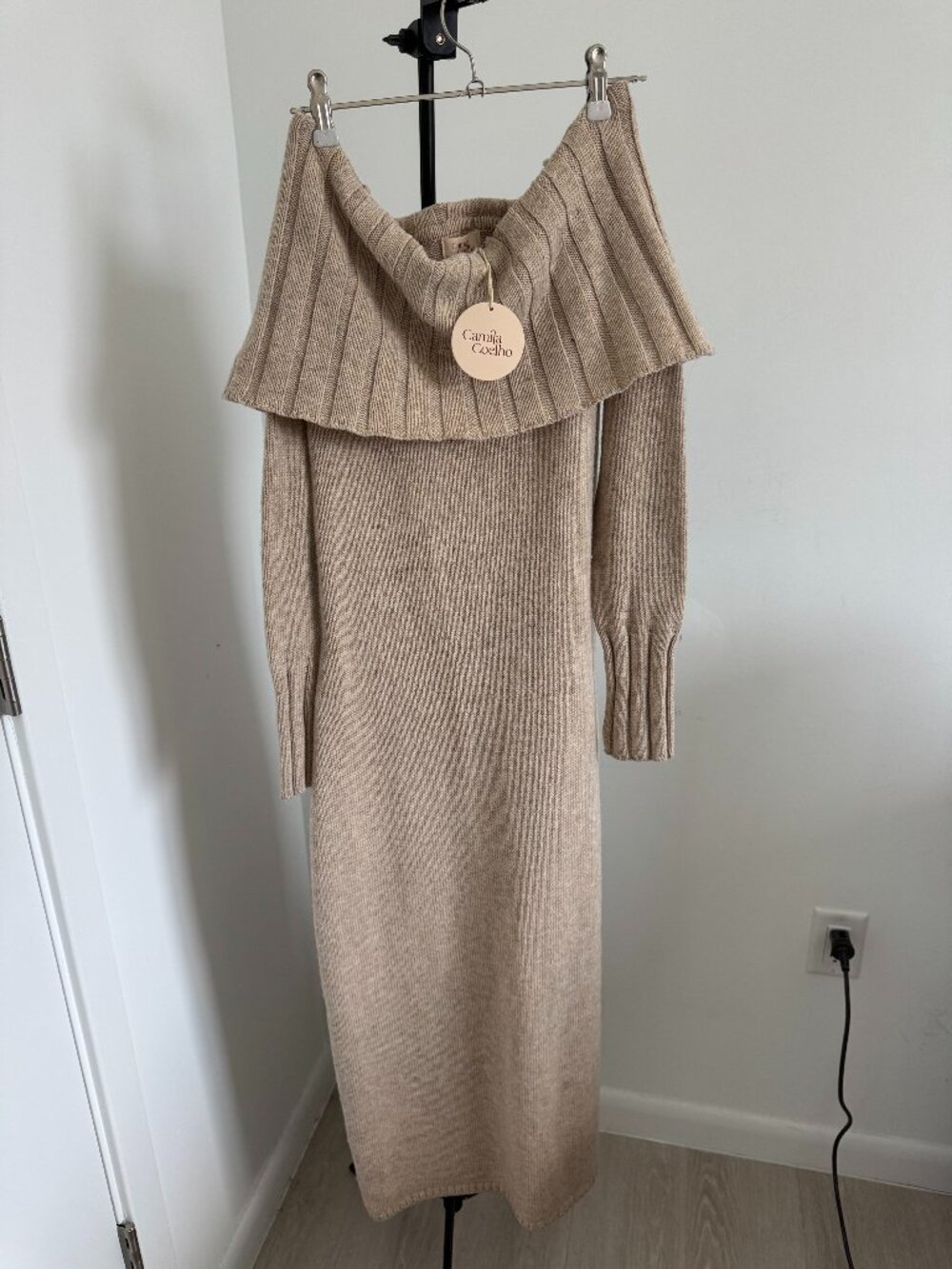 NWT Camila Coelho Tan Off Shoulder Knit Maxi Sweater Dress XS